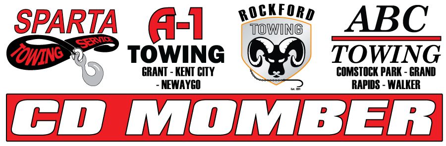 Chad Daniel Momber (CD Momber) owned companies: logos for A-1 Towing & Recovery - Grant MI, A-1 Towing & Recovery - Newaygo MI, ABC Towing - Comstock Park MI, Rockford Towing, and Sparta Towing & Recovery